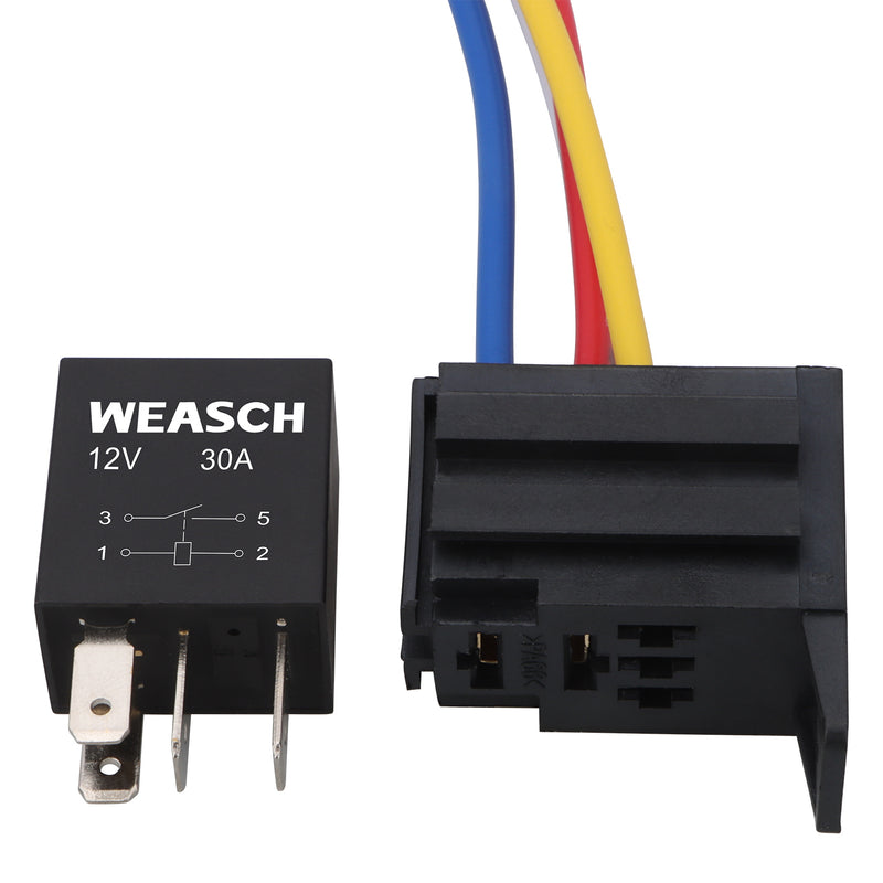 Weasch 5 Pack Heavy Duty Standard Relay, 12V 30A, SPST 4Pin, with Wire Socket Plug Harness, Multi-Purpose Replacement Automotive Relay-8