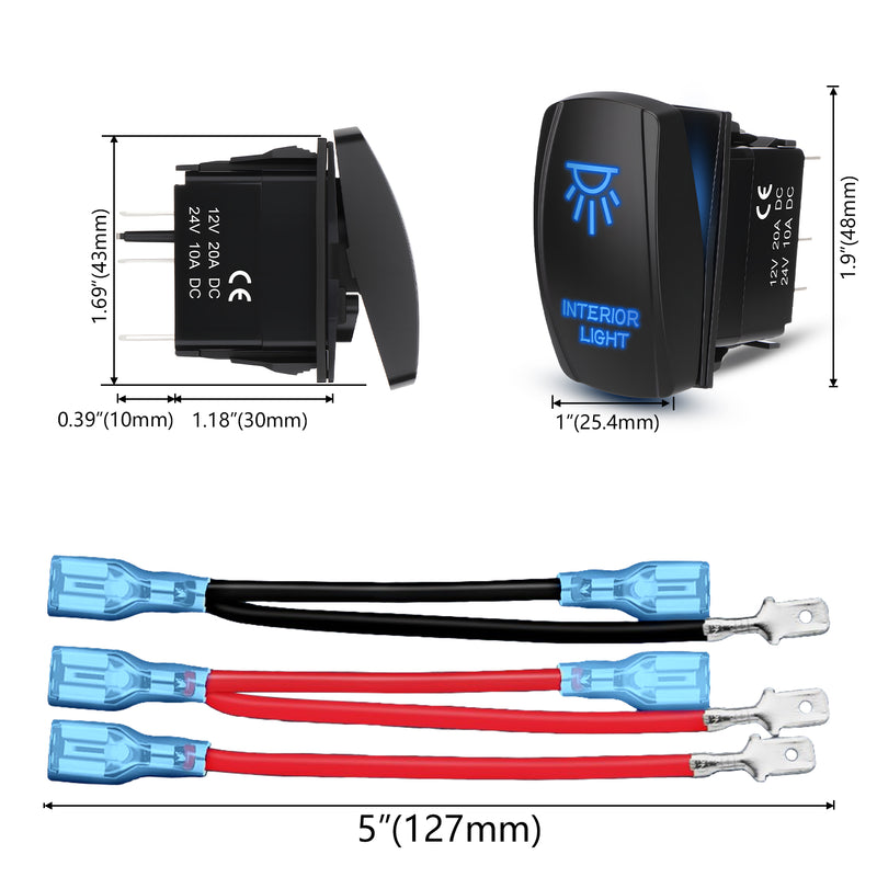 Weasch Interior Light Rocker Switch, On Off SPST 5 Pin Latching Switch, 20A 12V 10A 24V, with Jumper Wires for Car Boat Truck Trailer, Blue-5