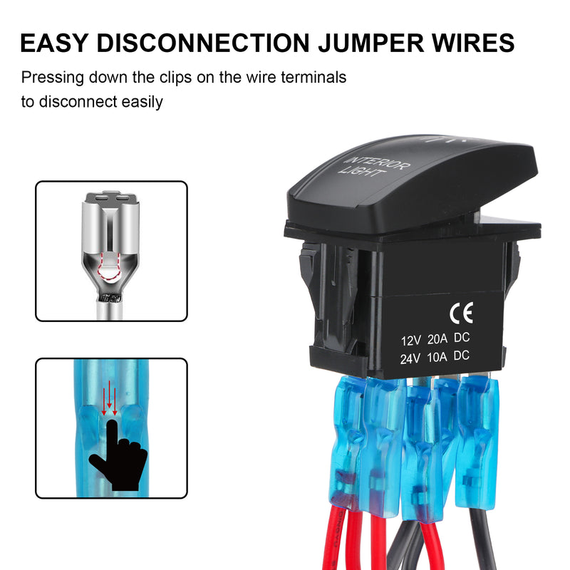 Weasch Interior Light Rocker Switch, On Off SPST 5 Pin Latching Switch, 20A 12V 10A 24V, with Jumper Wires for Car Boat Truck Trailer, Blue-4