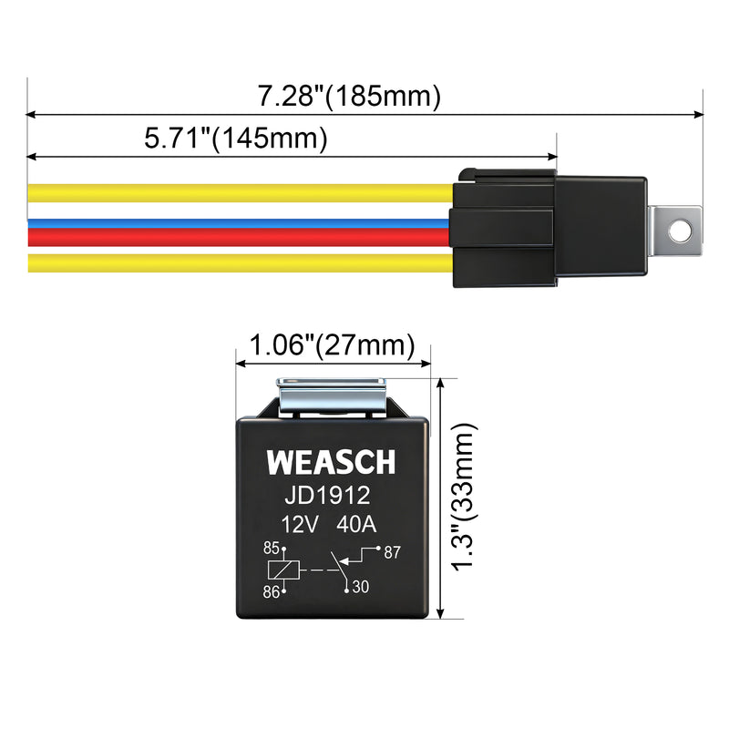 Weasch JD1912 Car Relay, 12V 40A, SPST 4Pin, 40A Automotive Relay, Automotive Switches and Starters, with Interlocking Relay Socket and Wiring Harness-6