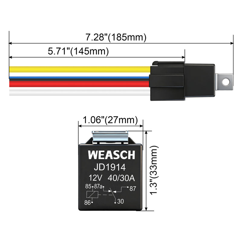 Weasch JD1914 Car Relay Harness, 12V 40A, 5 Pin SPDT, Iron Backrest with 12AWG Harness Sockets, Automotive Switches and Starters, for Automotive Truck Van Motorcycle Boat-7