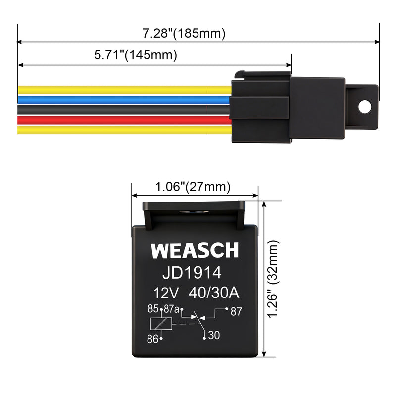 Weasch JD1914 Car Relay Kit, 12V 40A, SPDT 5 Pin, 40A Automotive Relay, Automotive Switches and Starters, with Interlocking Relay Socket and Wiring Harness-6