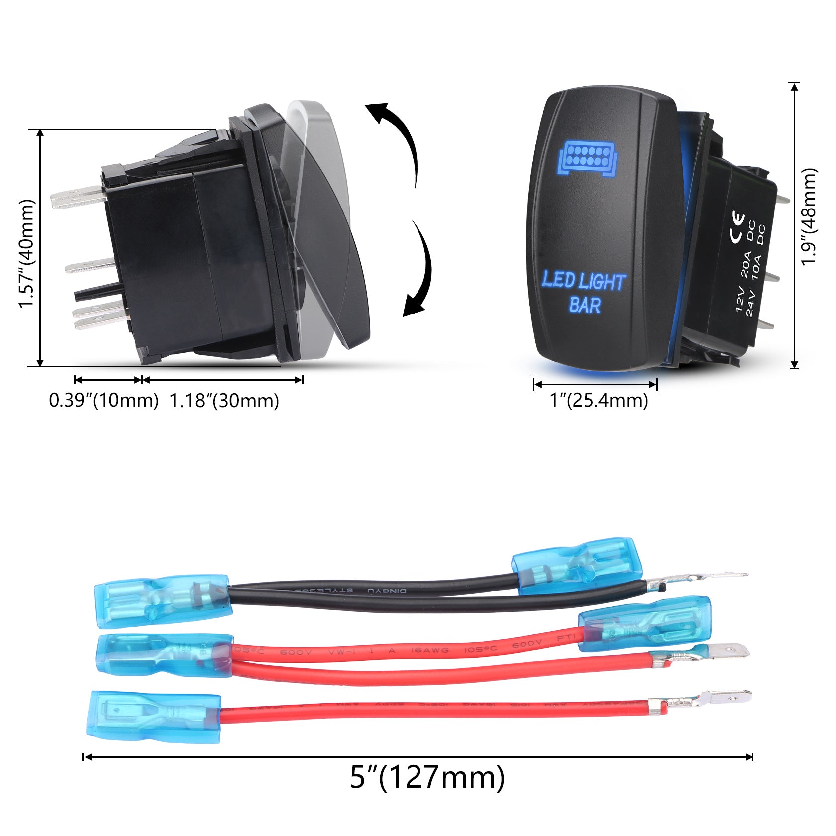 Weasch LED Light Bar Rocker Switch, Laser On/Off SPST 5Pin Waterproof, 20A/12V 10A/24V, with Jumper Wires for Automotive Marine Truck Jeep, Blue-5