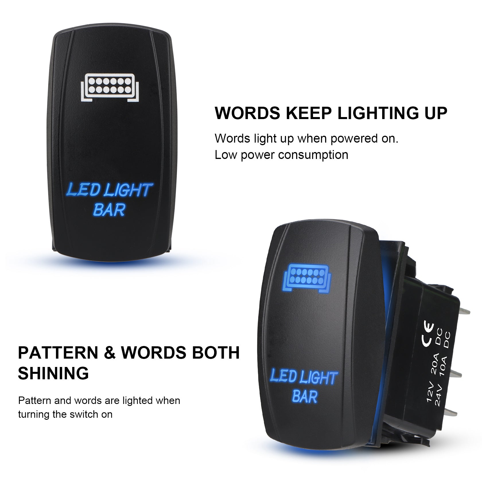 Weasch LED Light Bar Rocker Switch, Laser On/Off SPST 5Pin Waterproof, 20A/12V 10A/24V, with Jumper Wires for Automotive Marine Truck Jeep, Blue-6