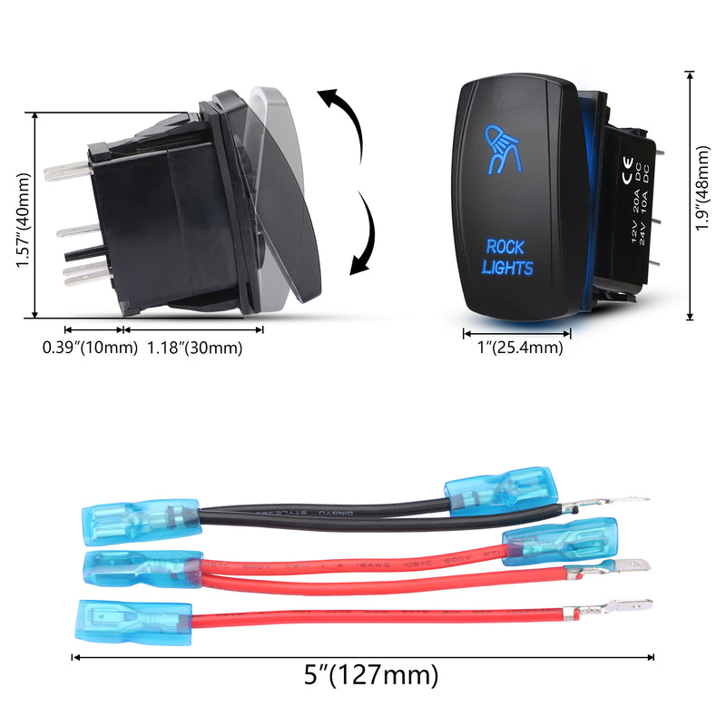 Weasch LED Rock Light Rocker Switch, Laser On/Off SPST 5Pin Waterproof, 20A/12V 10A/24V, with Jumper Wires for Cars Trucks RVs Boat ATV UTV RZR, Blue-5