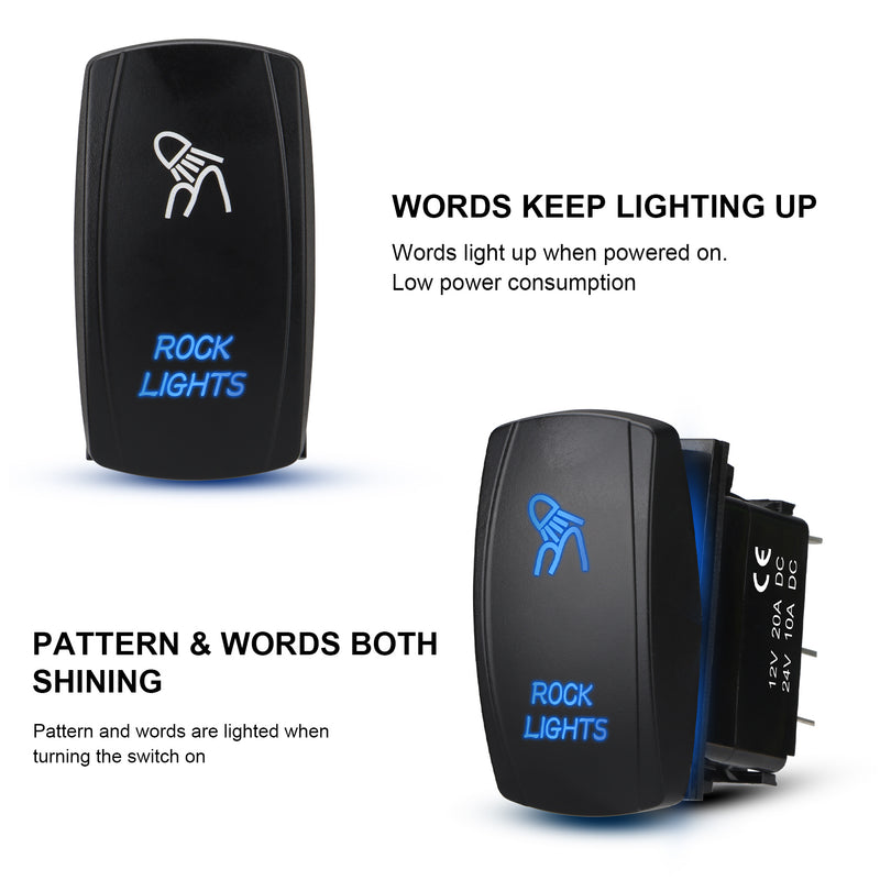 Weasch LED Rock Light Rocker Switch, Laser On/Off SPST 5Pin Waterproof, 20A/12V 10A/24V, with Jumper Wires for Cars Trucks RVs Boat ATV UTV RZR, Blue-6