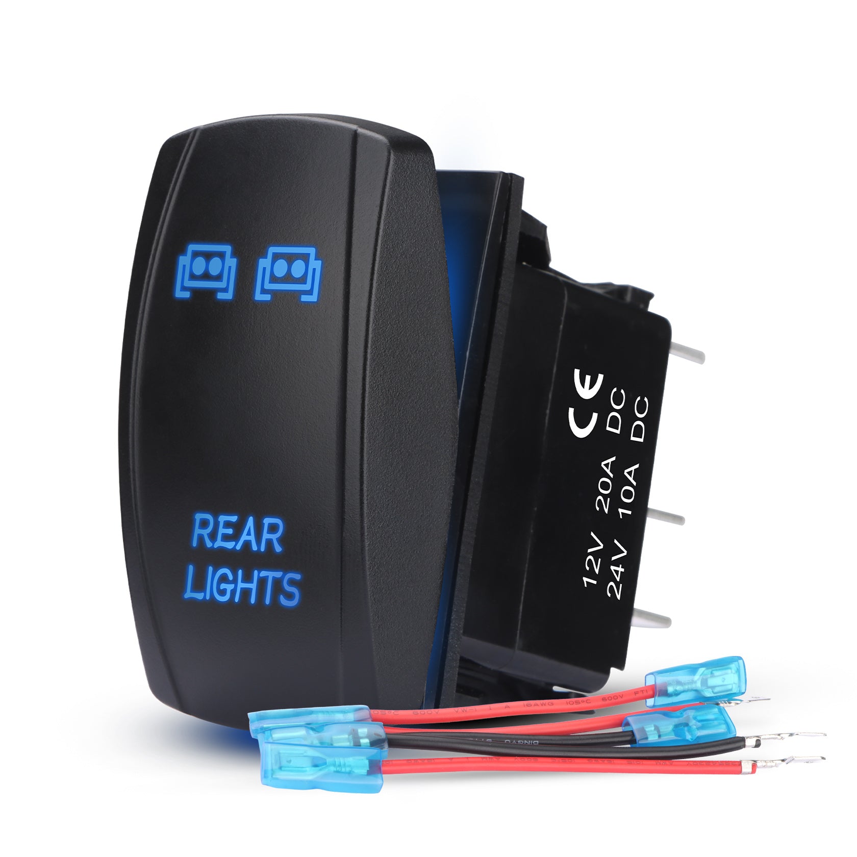 Weasch LED Rear Lights Rocker Switch, Laser On/Off SPST 5Pin Waterproof, 20A/12V 10A/24V, with Jumper Wires for Cars Trucks RVs Boat ATV UTV RZR, Blue-1