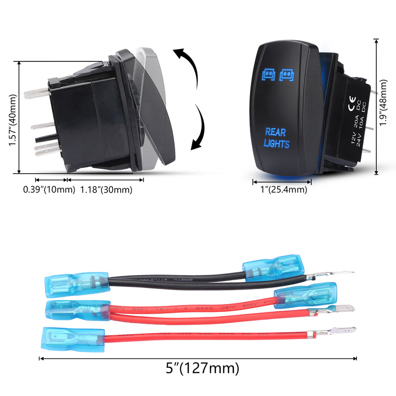 Weasch LED Rear Lights Rocker Switch, Laser On/Off SPST 5Pin Waterproof, 20A/12V 10A/24V, with Jumper Wires for Cars Trucks RVs Boat ATV UTV RZR, Blue-4