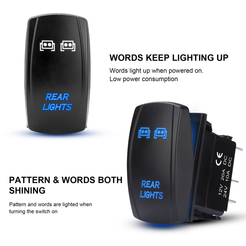 Weasch LED Rear Lights Rocker Switch, Laser On/Off SPST 5Pin Waterproof, 20A/12V 10A/24V, with Jumper Wires for Cars Trucks RVs Boat ATV UTV RZR, Blue-5