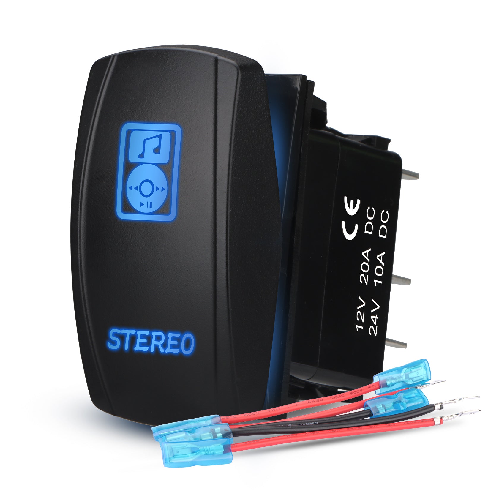 Weasch LED Stereo Rocker Switch, Laser On/Off SPST 5Pin Waterproof, 20A/12V 10A/24V, with Jumper Wires for Automotive Boat Marine Truck Jeep Music CD, Blue-1