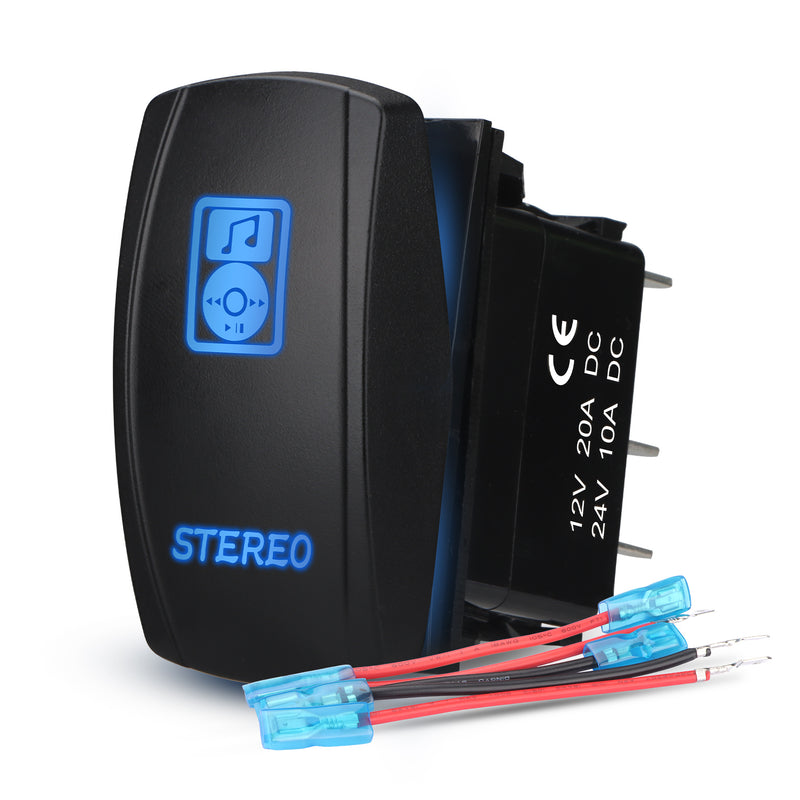 Weasch LED Stereo Rocker Switch, Laser On/Off SPST 5Pin Waterproof, 20A/12V 10A/24V, with Jumper Wires for Automotive Boat Marine Truck Jeep Music CD, Blue-1