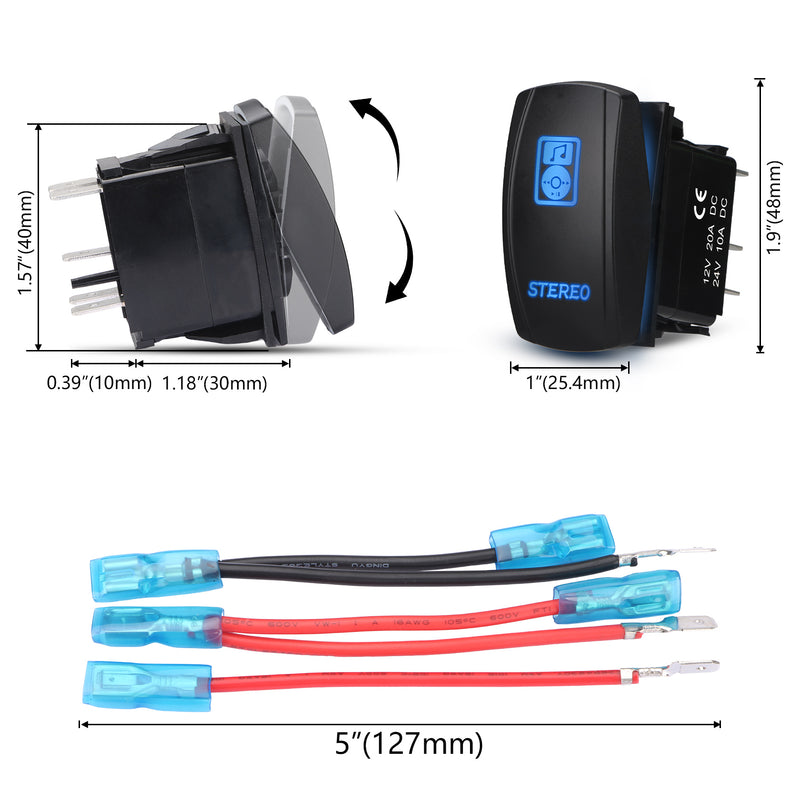 Weasch LED Stereo Rocker Switch, Laser On/Off SPST 5Pin Waterproof, 20A/12V 10A/24V, with Jumper Wires for Automotive Boat Marine Truck Jeep Music CD, Blue-4