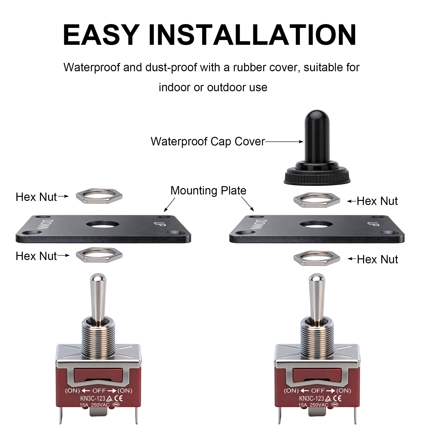 Weasch Momentary Toggle Switch, 12V 30A, 3 Pin SPDT (ON)-Off-(ON), Waterproof Toggle Switch with Up Down Mounting Panel Cable and Waterproof Cap for Marine Boat Auto Winch