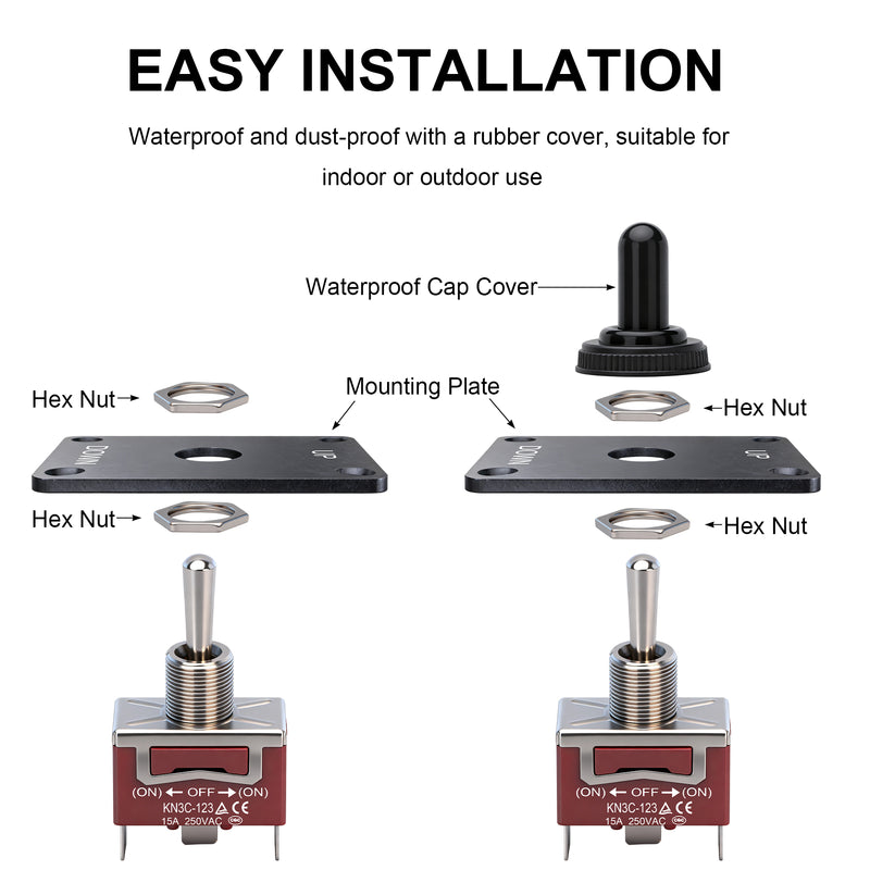 Weasch Momentary Toggle Switch, 12V 30A, 3 Pin SPDT (ON)-Off-(ON), Waterproof Toggle Switch with Up Down Mounting Panel Cable and Waterproof Cap for Marine Boat Auto Winch-2