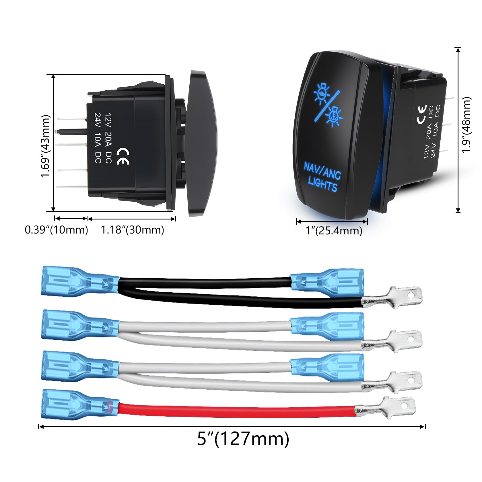 Weasch NAV/ANC Rocker Switch, ON Off ON DPDT 7 Pins, 20A 12V 10A 24V DC, Navigation Anchor Lights Latching Switch, with Jumper Wires for ARB Carling NARVA Style Marine Boat Ship Vessel, Blue-5