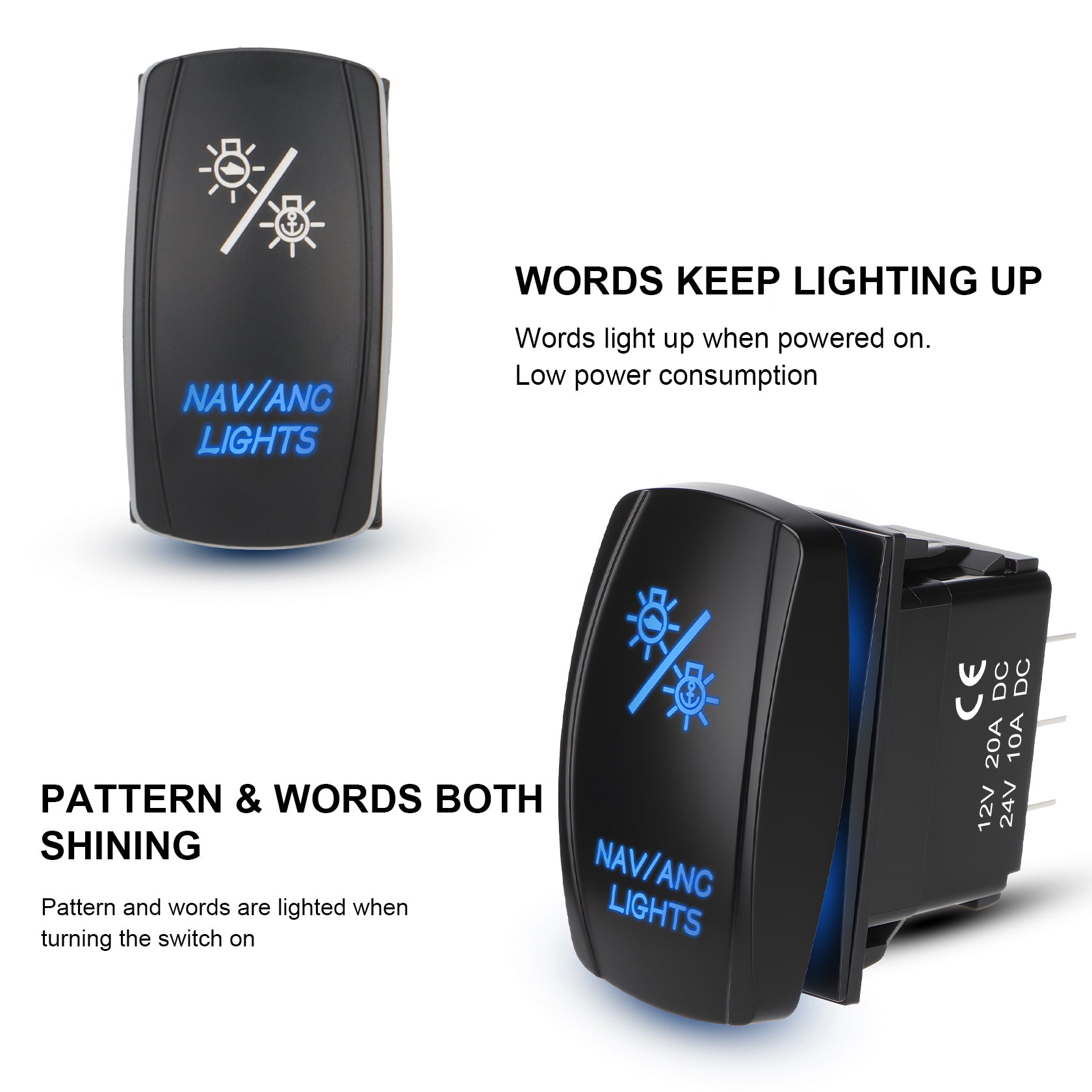 Weasch NAV/ANC Rocker Switch, ON Off ON DPDT 7 Pins, 20A 12V 10A 24V DC, Navigation Anchor Lights Latching Switch, with Jumper Wires for ARB Carling NARVA Style Marine Boat Ship Vessel, Blue-6