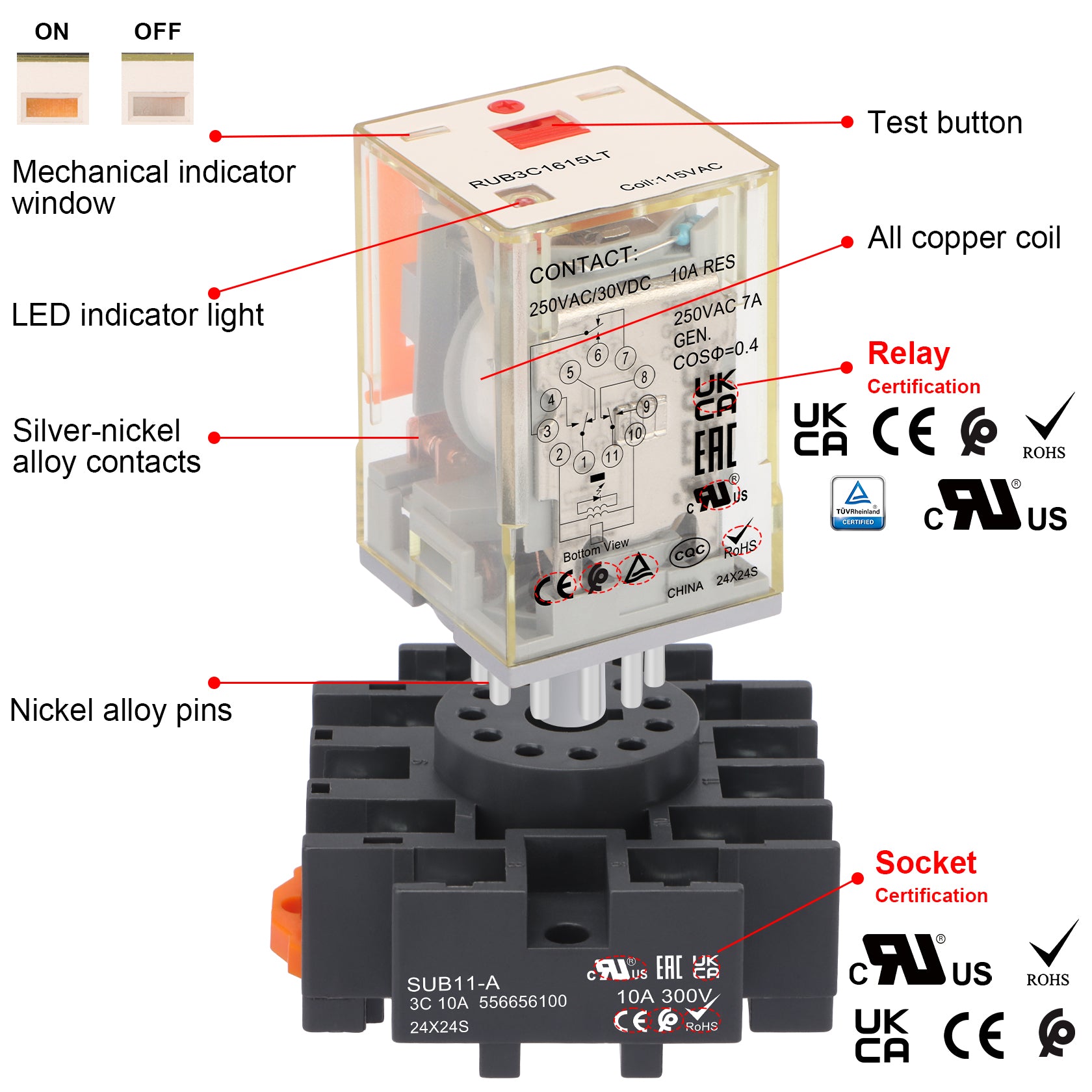 Weasch Power Relay MK3P-I Type RUB3C, AC 12-240V DC 12-24V Coil, 11Pin 3NO 3NC DPDT, with LED Indicator Light and Test Button, Plug-in Terminal Socket Base, UL Certification