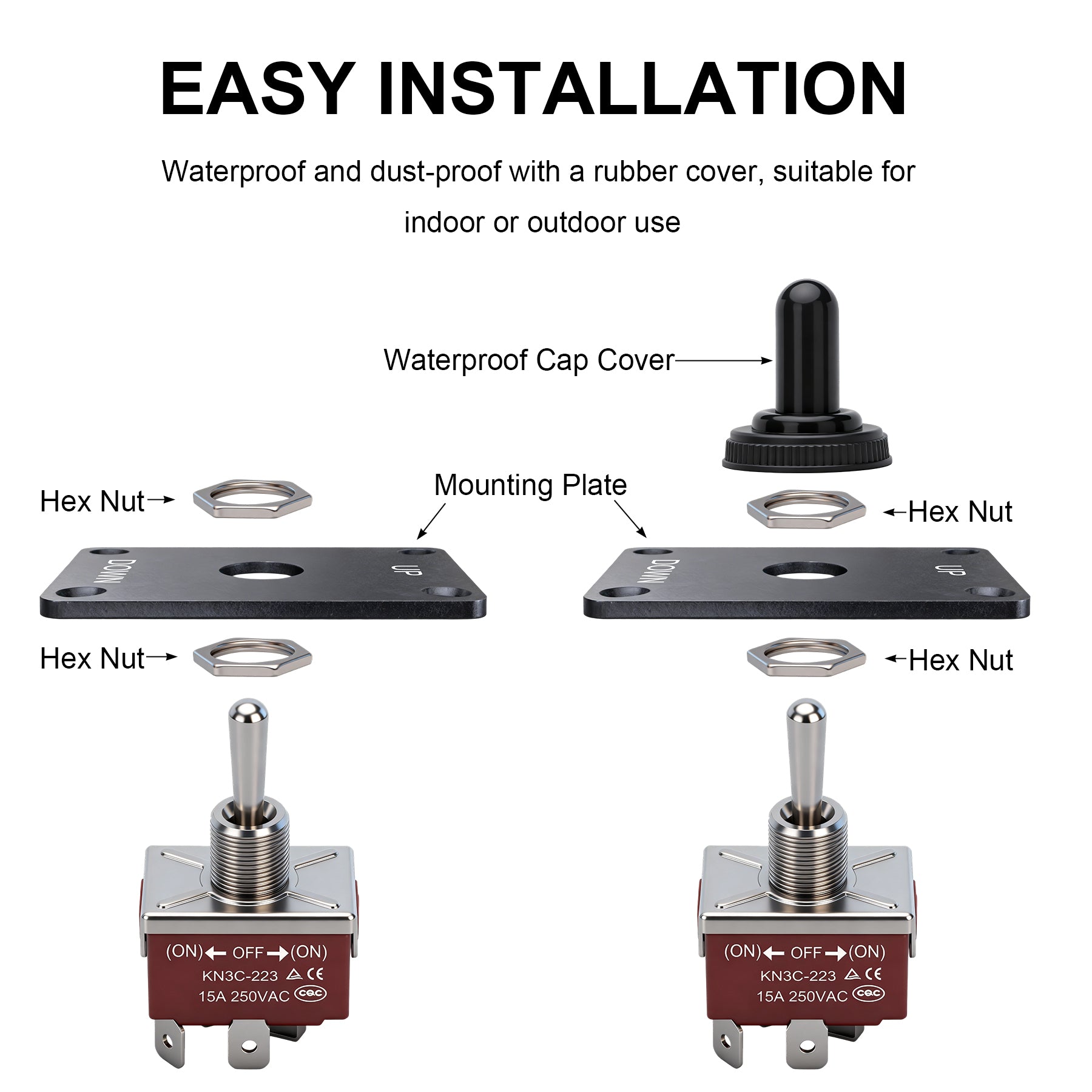 Weasch Reverse Polarity Toggle Switch, 12V 30A, DPDT Momentary (ON)-Off-(ON) Toggle Switch, with Up Down Mounting Panel 3 Position 4Pin Wired