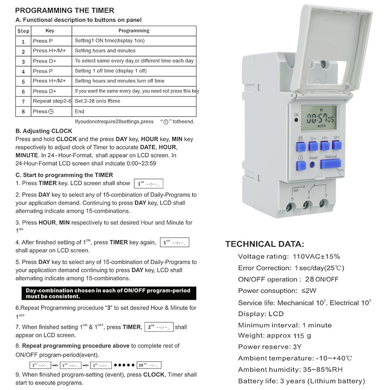 Weasch Timer Switch, THC15A 16Amp, Digital LCD Power Programmable Timer Time Relay Switch, Supports 28 Scheduled Times Daily or Weekly