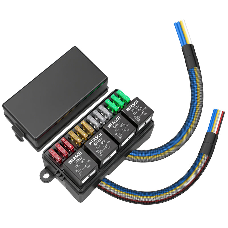 Weasch 12V 12 Way Automotive Fuse and Relay Box, 4 Relays and 12 ATC/ATO Blade Fuses, 40Amp Pre-Wired Fuse Relay Box for Cars Truck Marine Boat Jeep-1