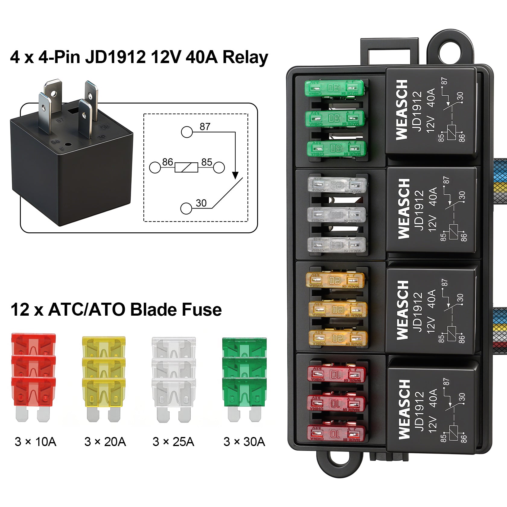 Weasch 12V 12 Way Automotive Fuse and Relay Box, 4 Relays and 12 ATC/ATO Blade Fuses, 40Amp Pre-Wired Fuse Relay Box for Cars Truck Marine Boat Jeep-7