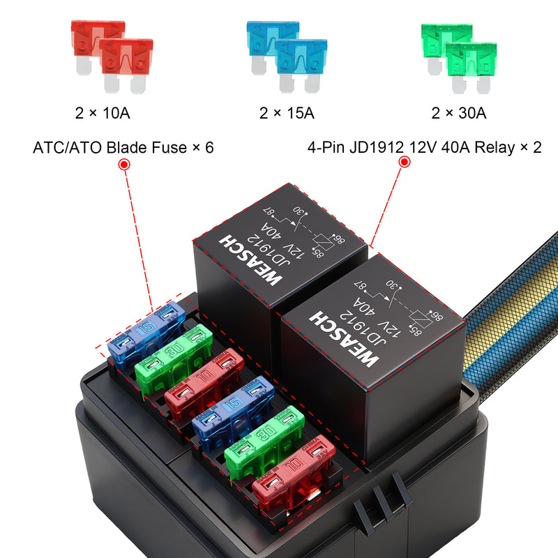 Weasch 12V Pre-Wired Fuse Relay Box, 4-Pin 40A Relay Block and Kit, 2 Relays and 6 ATC/ATO Blade Fuses, for Cars Truck Marine Boat Jeep-7