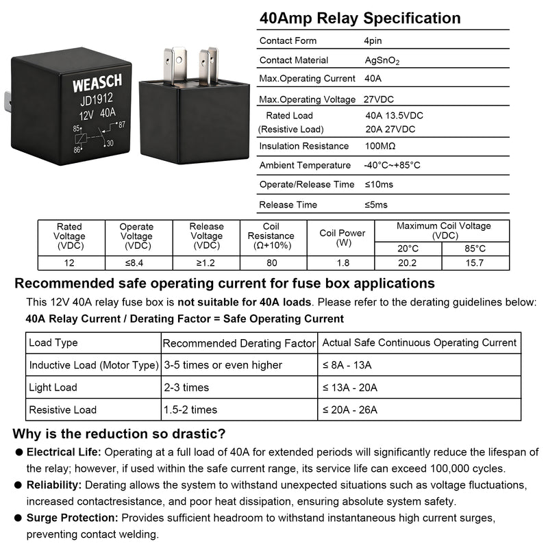 Weasch 12V Pre-Wired Fuse Relay Box, 4-Pin 40A Relay Block and Kit, 2 Relays and 6 ATC/ATO Blade Fuses, for Cars Truck Marine Boat Jeep-5