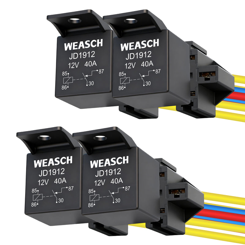 Weasch JD1912 Car Relay Kit, 12V 40A, SPST 4 Pin, 40A Automotive Relay, Automotive Switches and Starters, with Interlocking Relay Socket and Wiring Harness-1