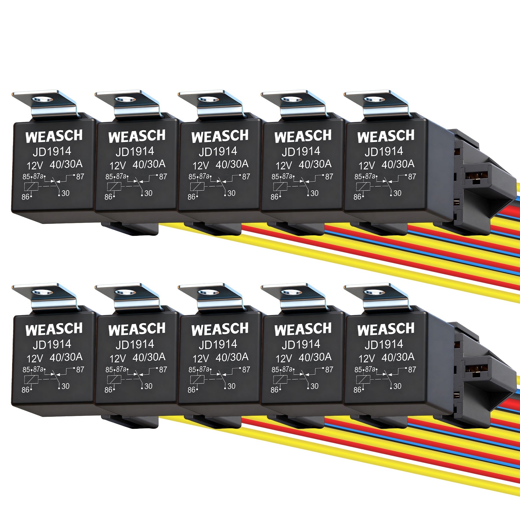 Weasch JD1914 Car Relay Kits, 12V 40A, SPDT 5Pin, 40A Automotive Relay, Automotive Switches and Starters, with Interlocking Relay Socket and Wiring Harness