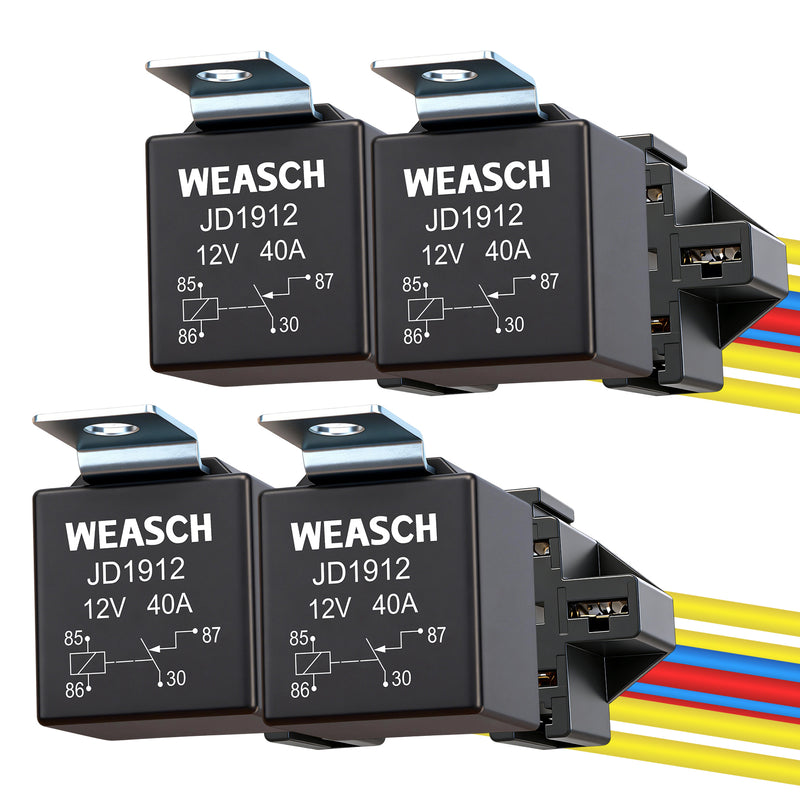 Weasch JD1912 Car Relay, 12V 40A, SPST 4Pin, 40A Automotive Relay, Automotive Switches and Starters, with Interlocking Relay Socket and Wiring Harness-1