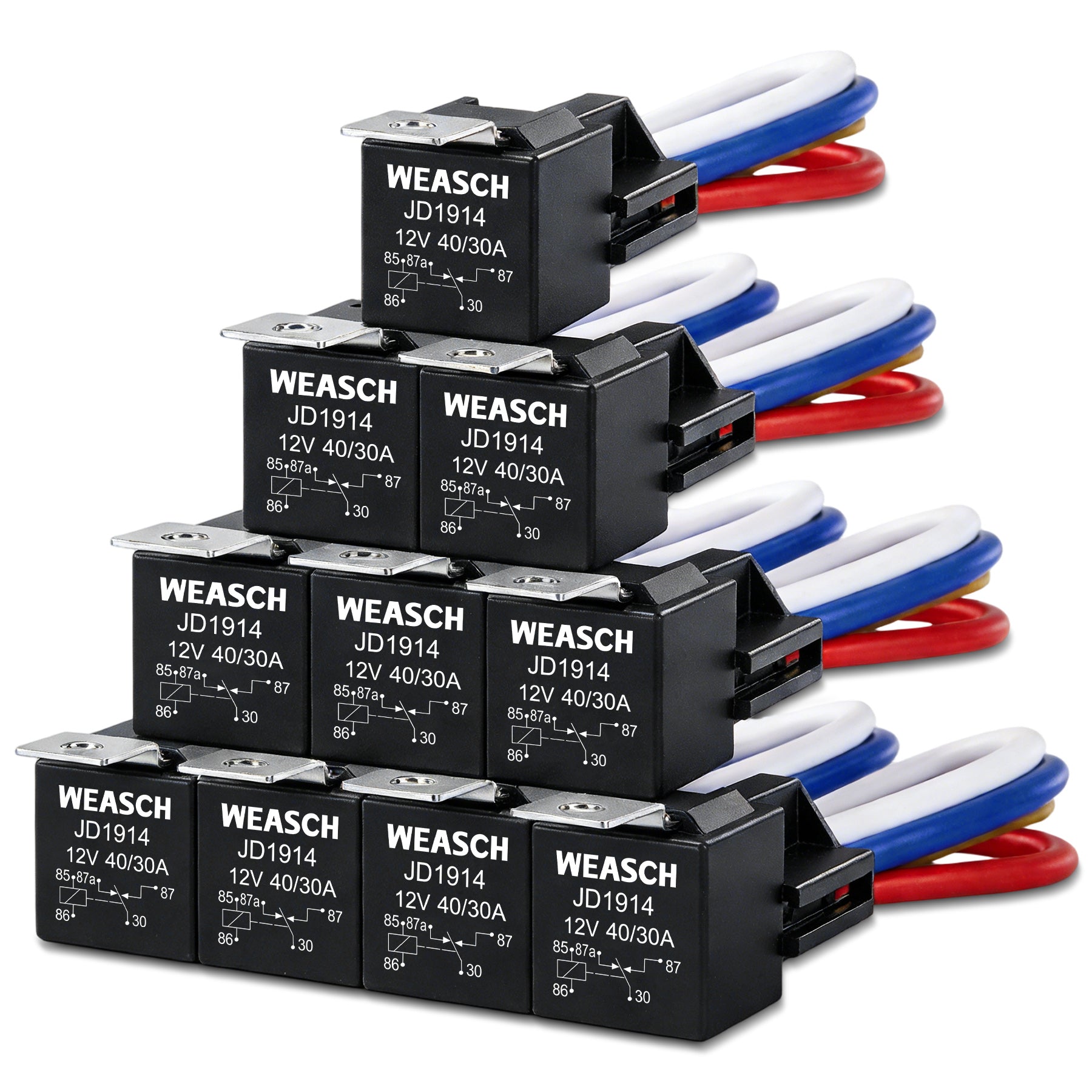 Weasch JD1914 Car Relay Harness, 12V 40A, 5 Pin SPDT, Iron Backrest with 12AWG Harness Sockets, Automotive Switches and Starters, for Automotive Truck Van Motorcycle Boat