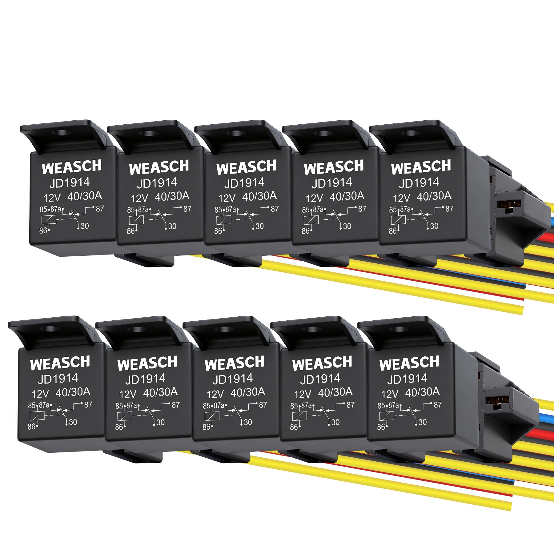 Weasch JD1914 Car Relay Kit, 12V 40A, SPDT 5 Pin, 40A Automotive Relay, Automotive Switches and Starters, with Interlocking Relay Socket and Wiring Harness