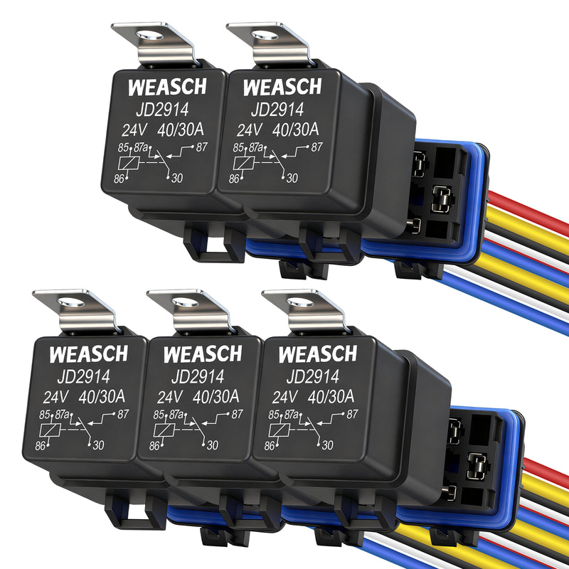 Weasch Waterproof Relay Kit, 24V 40A/30A, 5 Pin SPDT, Heavy Duty 14 AWG Tinned Copper Wires Automotive Relay and Harness Set for Automotive Car Marine Boat-2
