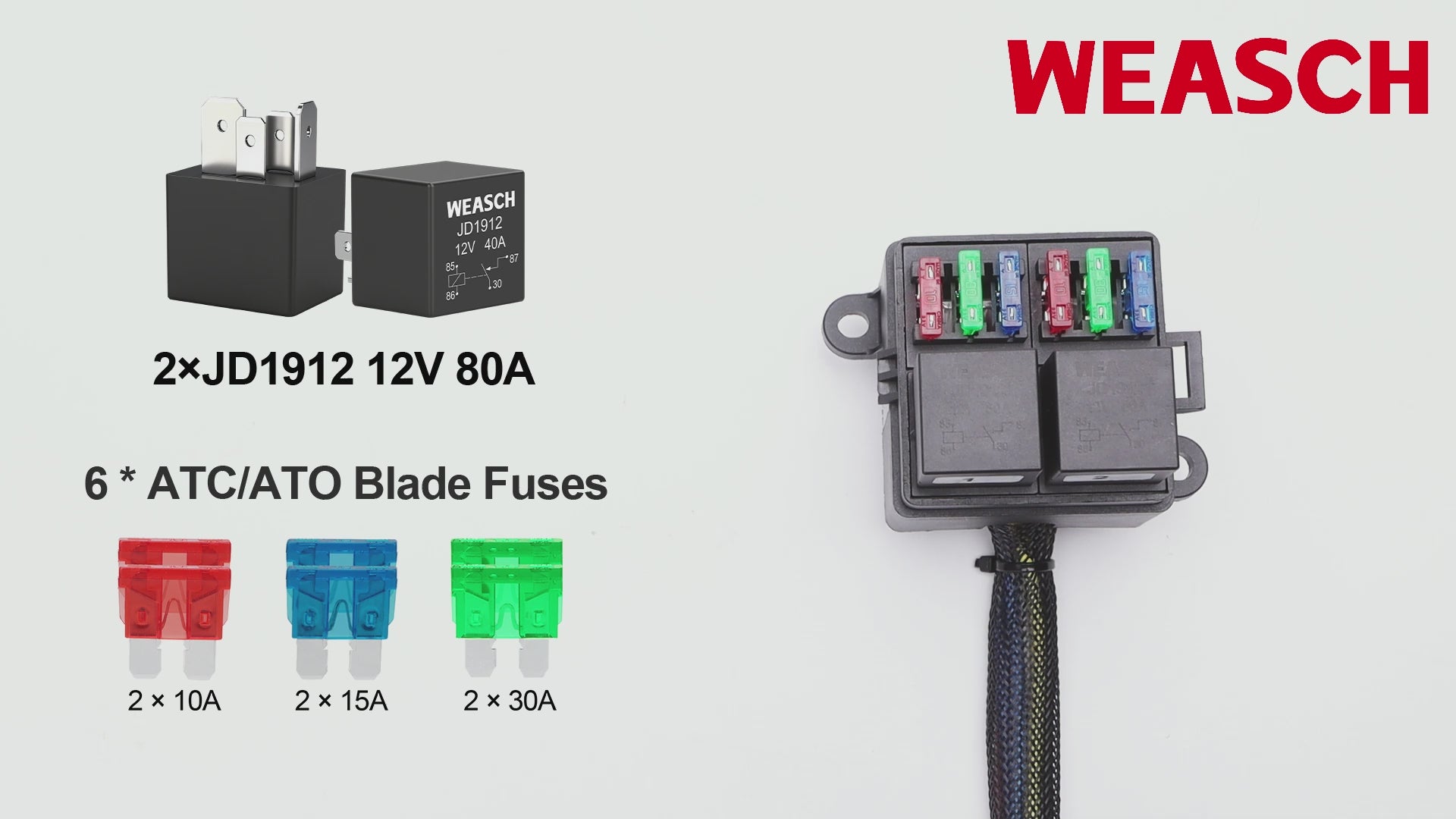 Weasch 12V Pre-Wired Fuse Relay Box, 4-Pin 40A Relay Block and Kit, 2 Relays and 6 ATC/ATO Blade Fuses, for Cars Truck Marine Boat Jeep-2